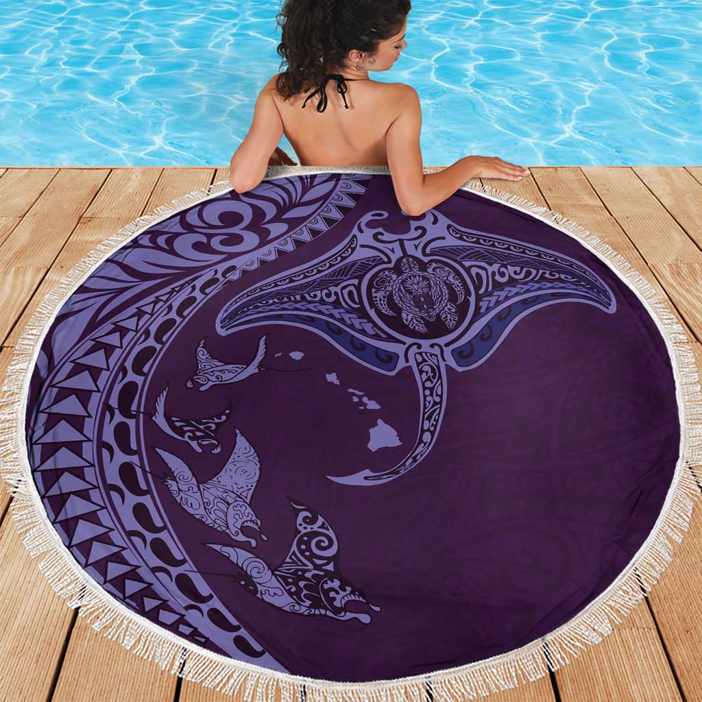 Hawaiian Manta Ray and Polynesian Tribal Tattoo Beach Blanket Purple Color LT03