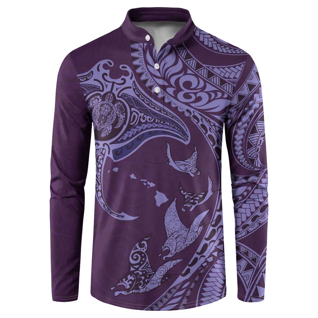 Hawaiian Manta Ray and Polynesian Tribal Tattoo Button Sweatshirt Purple Color LT03