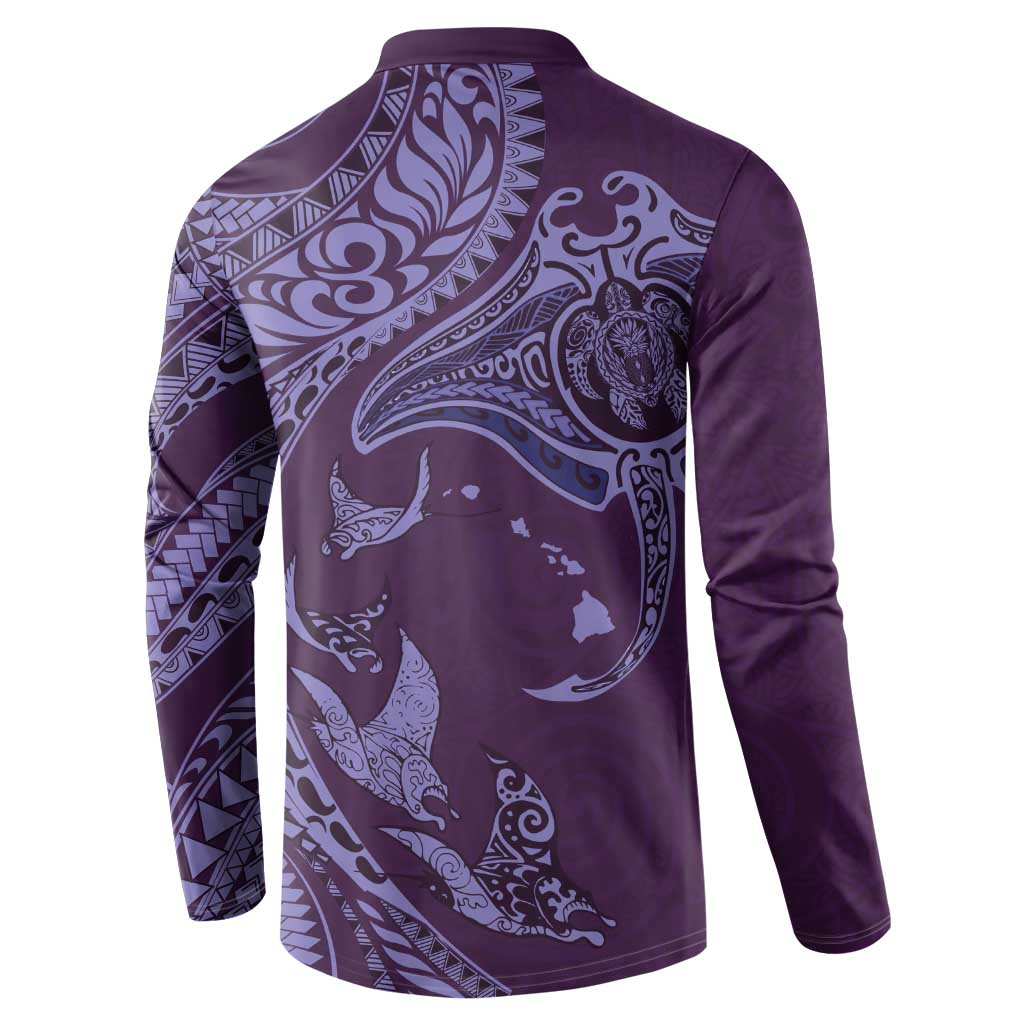 Hawaiian Manta Ray and Polynesian Tribal Tattoo Button Sweatshirt Purple Color LT03