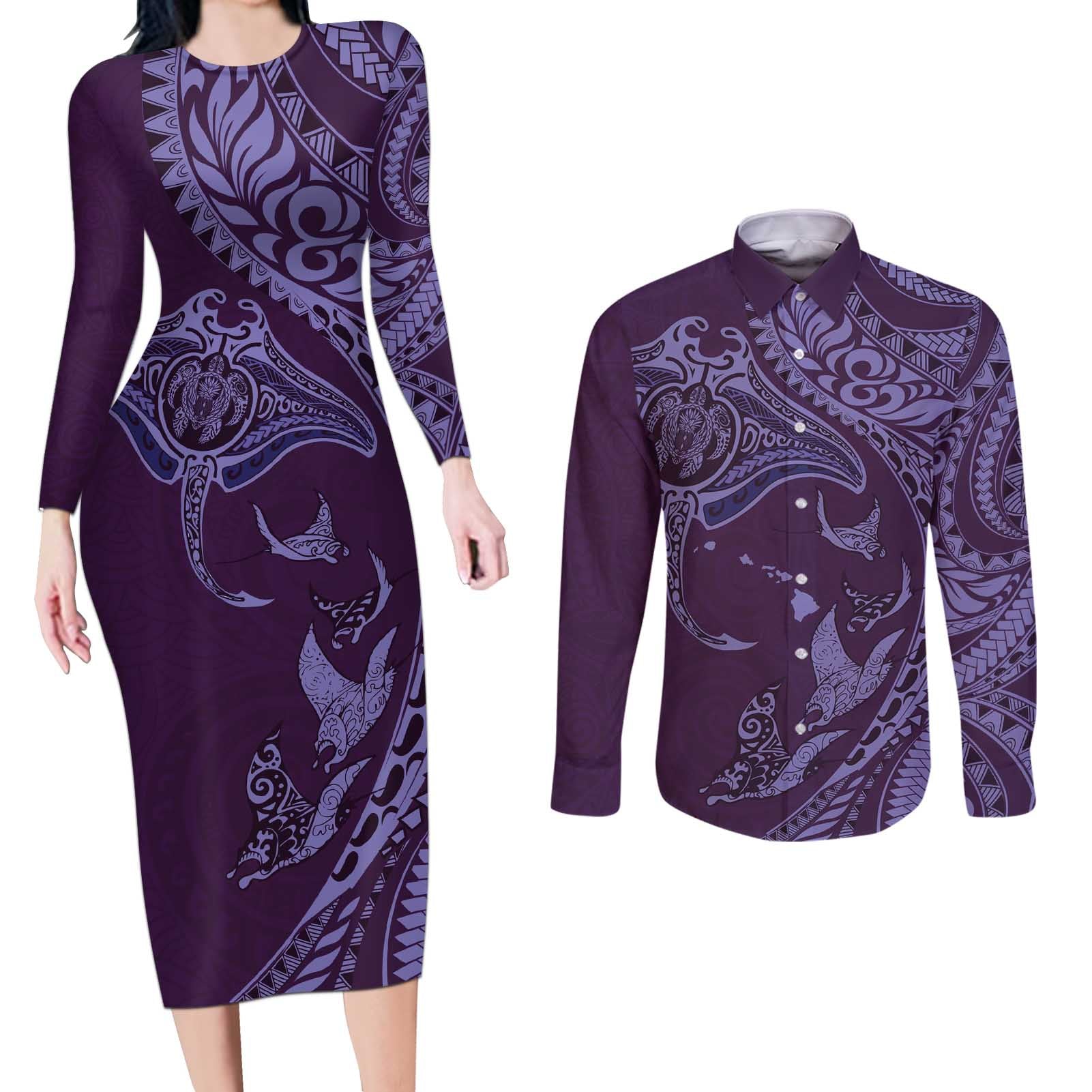 Hawaiian Manta Ray and Polynesian Tribal Tattoo Couples Matching Long Sleeve Bodycon Dress and Long Sleeve Button Shirt Purple Color LT03