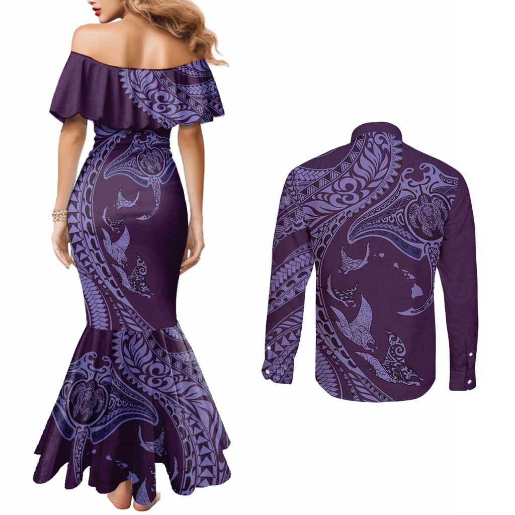 Hawaiian Manta Ray and Polynesian Tribal Tattoo Couples Matching Mermaid Dress and Long Sleeve Button Shirt Purple Color LT03