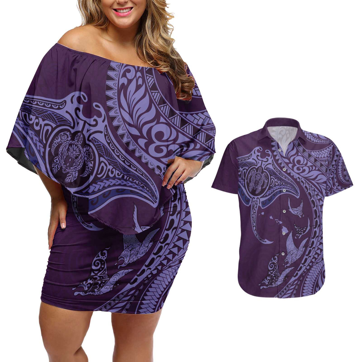 Hawaiian Manta Ray and Polynesian Tribal Tattoo Couples Matching Off Shoulder Short Dress and Hawaiian Shirt Purple Color LT03