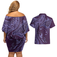Hawaiian Manta Ray and Polynesian Tribal Tattoo Couples Matching Off Shoulder Short Dress and Hawaiian Shirt Purple Color LT03