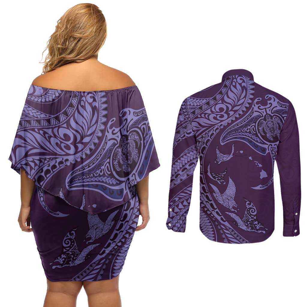 Hawaiian Manta Ray and Polynesian Tribal Tattoo Couples Matching Off Shoulder Short Dress and Long Sleeve Button Shirt Purple Color LT03