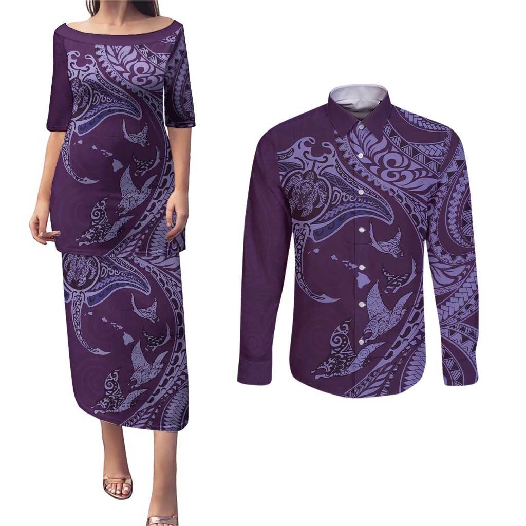 Hawaiian Manta Ray and Polynesian Tribal Tattoo Couples Matching Puletasi and Long Sleeve Button Shirt Purple Color LT03