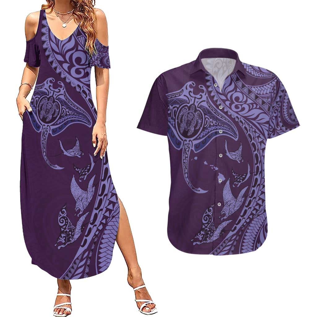 Hawaiian Manta Ray and Polynesian Tribal Tattoo Couples Matching Summer Maxi Dress and Hawaiian Shirt Purple Color LT03