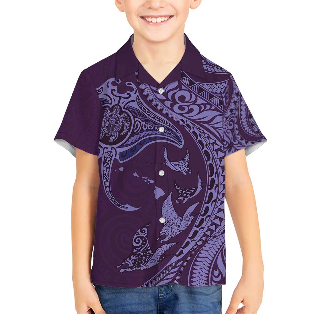 Hawaiian Manta Ray and Polynesian Tribal Tattoo Family Matching Long Sleeve Bodycon Dress and Hawaiian Shirt Purple Color LT03