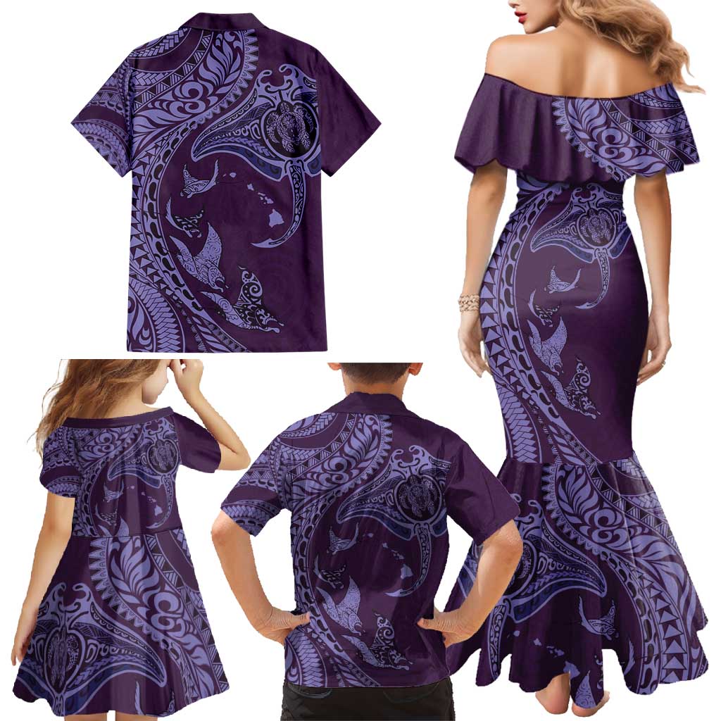 Hawaiian Manta Ray and Polynesian Tribal Tattoo Family Matching Mermaid Dress and Hawaiian Shirt Purple Color LT03