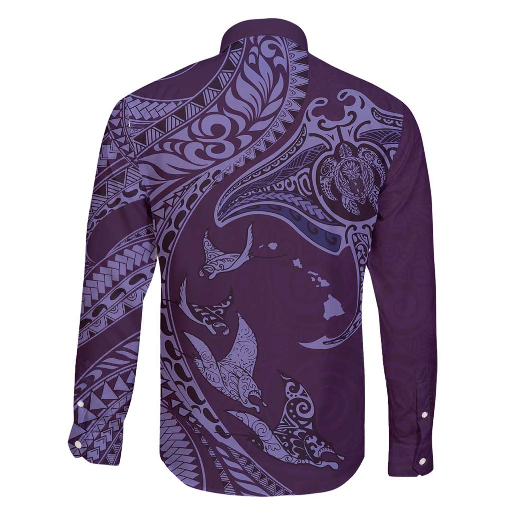 Hawaiian Manta Ray and Polynesian Tribal Tattoo Family Matching Mermaid Dress and Hawaiian Shirt Purple Color LT03