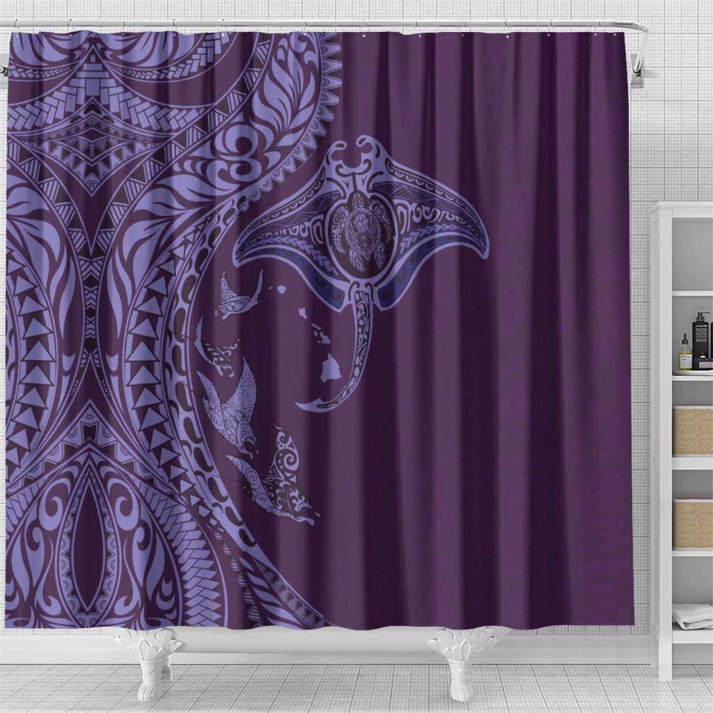 Hawaiian Manta Ray and Polynesian Tribal Tattoo Shower Curtain Purple Color LT03