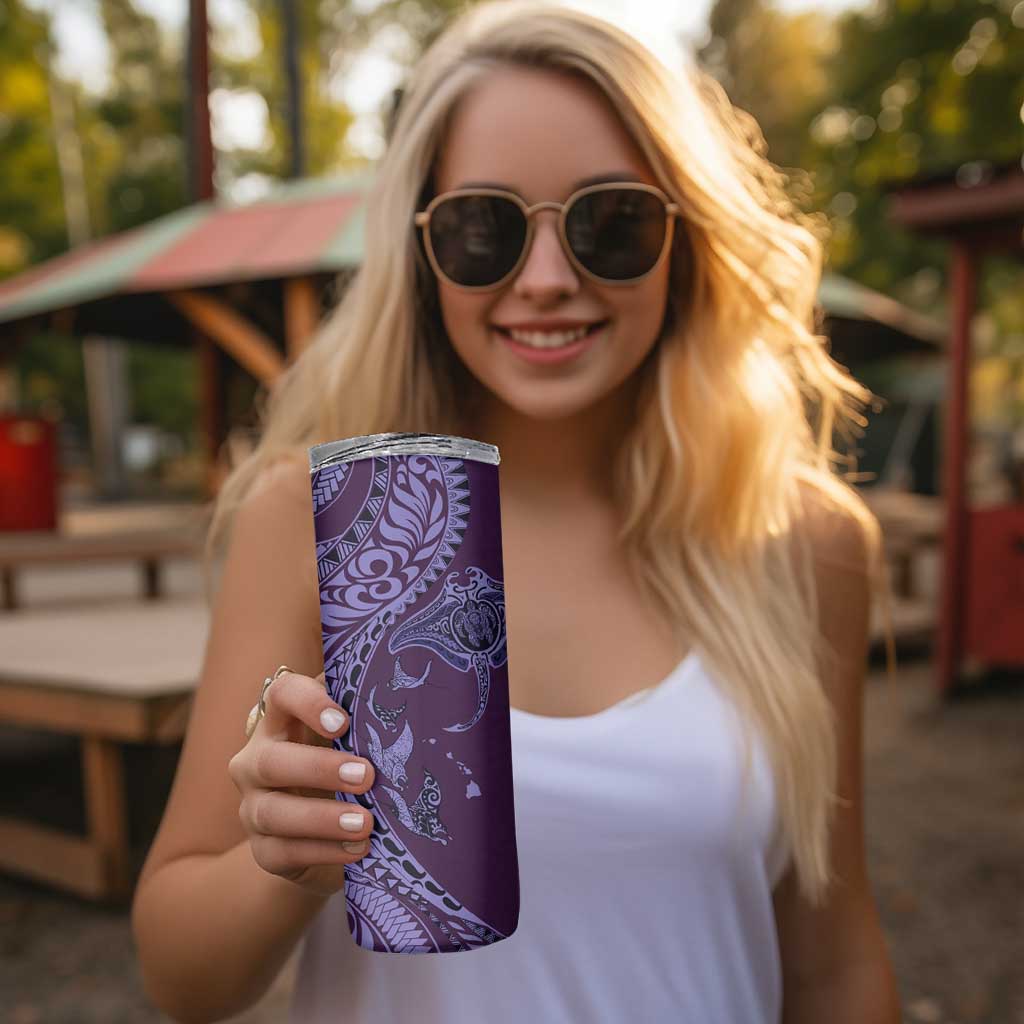 Hawaiian Manta Ray and Polynesian Tribal Tattoo Skinny Tumbler Purple Color