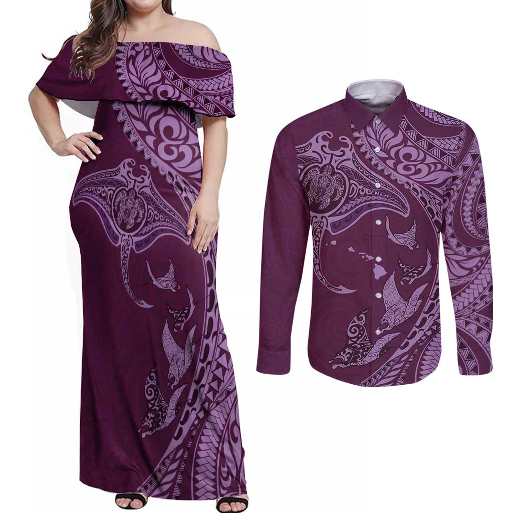 Hawaiian Manta Ray and Polynesian Tribal Tattoo Couples Matching Off Shoulder Maxi Dress and Long Sleeve Button Shirt Pink Color LT03