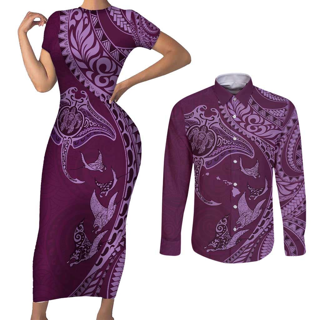 Hawaiian Manta Ray and Polynesian Tribal Tattoo Couples Matching Short Sleeve Bodycon Dress and Long Sleeve Button Shirt Pink Color LT03