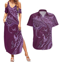 Hawaiian Manta Ray and Polynesian Tribal Tattoo Couples Matching Summer Maxi Dress and Hawaiian Shirt Pink Color LT03