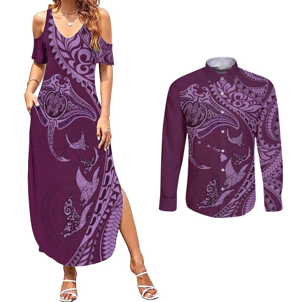 Hawaiian Manta Ray and Polynesian Tribal Tattoo Couples Matching Summer Maxi Dress and Long Sleeve Button Shirt Pink Color LT03