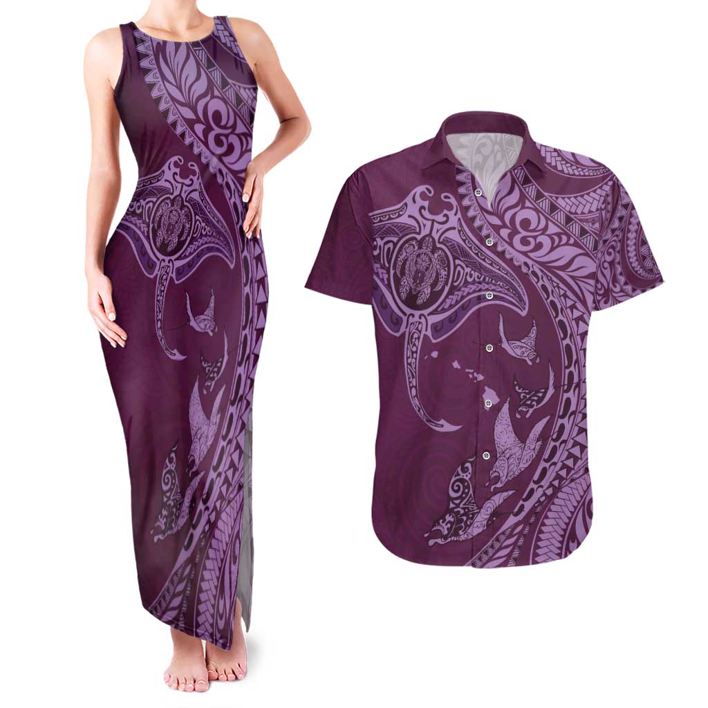 Hawaiian Manta Ray and Polynesian Tribal Tattoo Couples Matching Tank Maxi Dress and Hawaiian Shirt Pink Color LT03