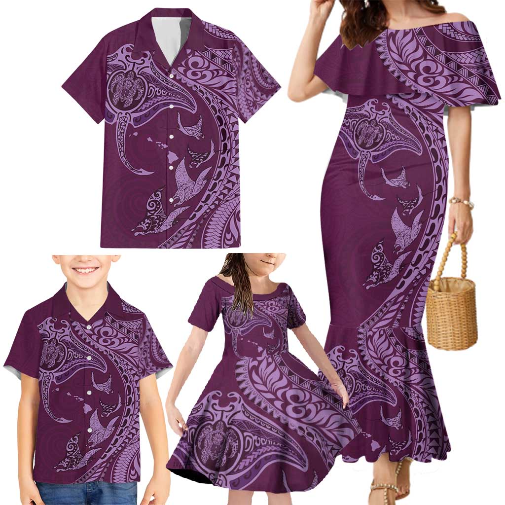Hawaiian Manta Ray and Polynesian Tribal Tattoo Family Matching Mermaid Dress and Hawaiian Shirt Pink Color LT03