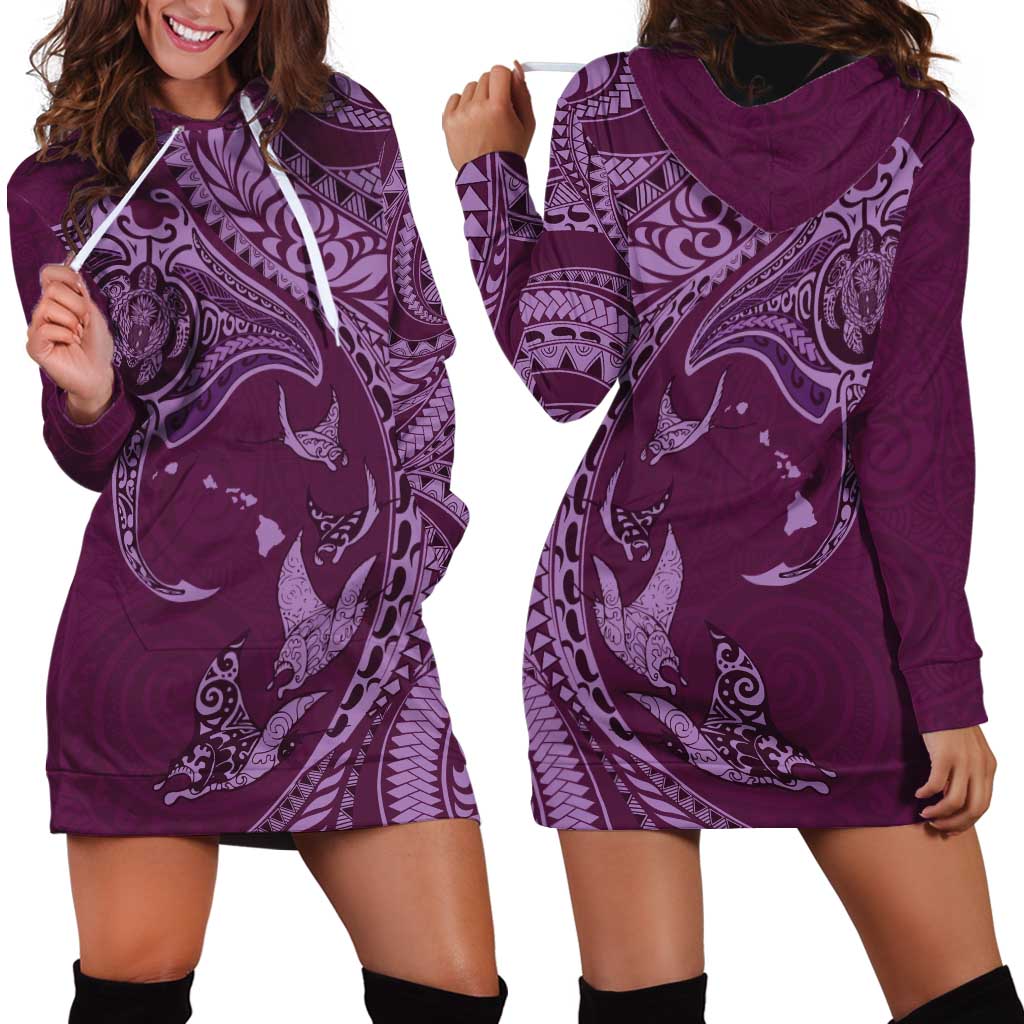 Hawaiian Manta Ray and Polynesian Tribal Tattoo Hoodie Dress Pink Color LT03