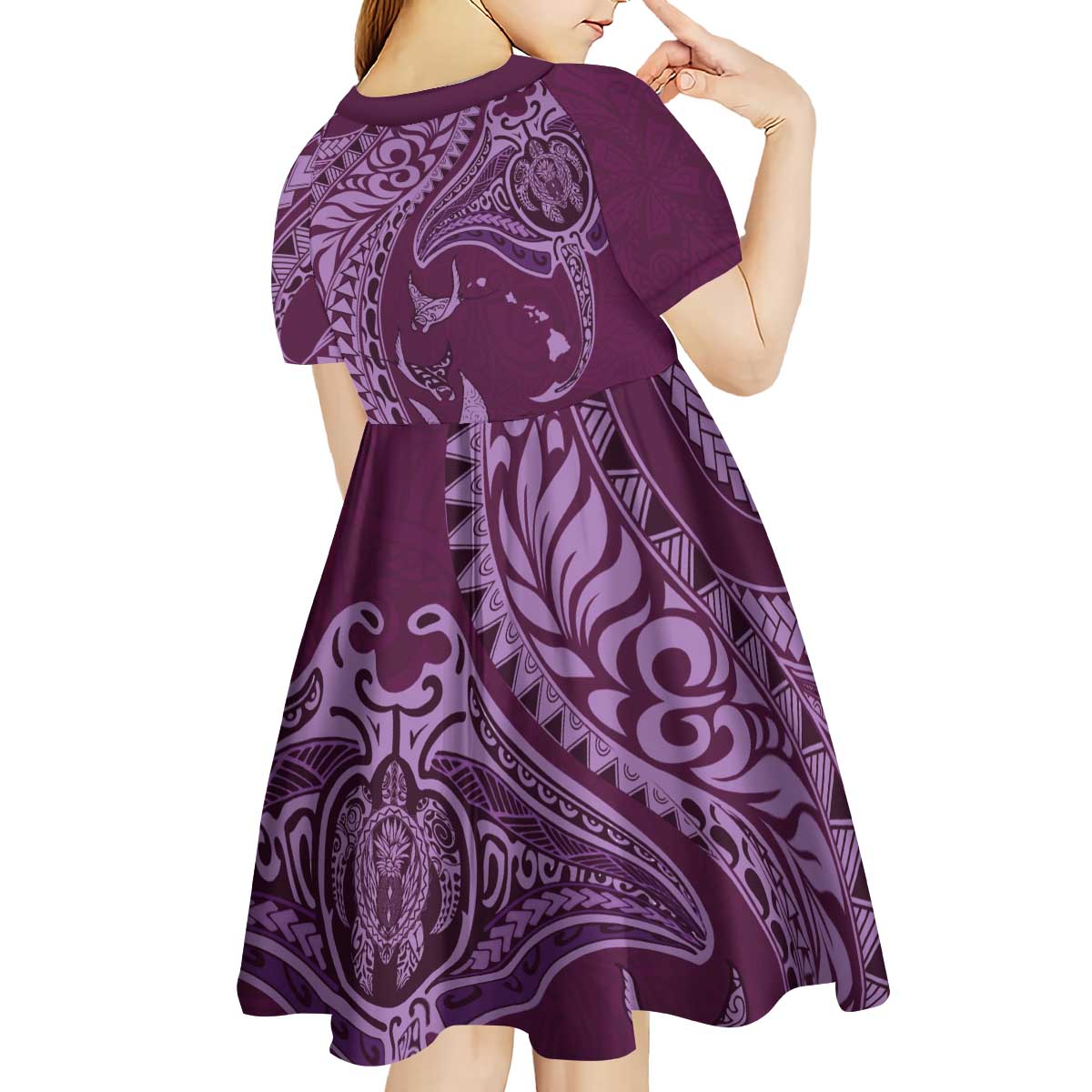 Hawaiian Manta Ray and Polynesian Tribal Tattoo Kid Short Sleeve Dress Pink Color LT03