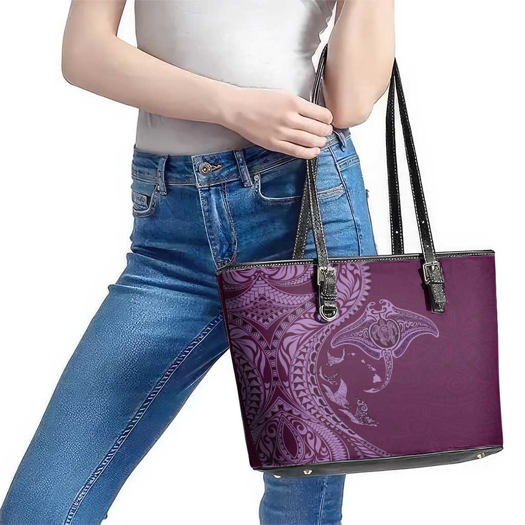 Hawaiian Manta Ray and Polynesian Tribal Tattoo Leather Tote Bag Pink Color LT03