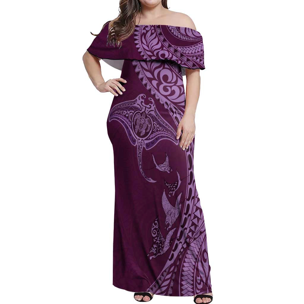 Hawaiian Manta Ray and Polynesian Tribal Tattoo Off Shoulder Maxi Dress Pink Color LT03