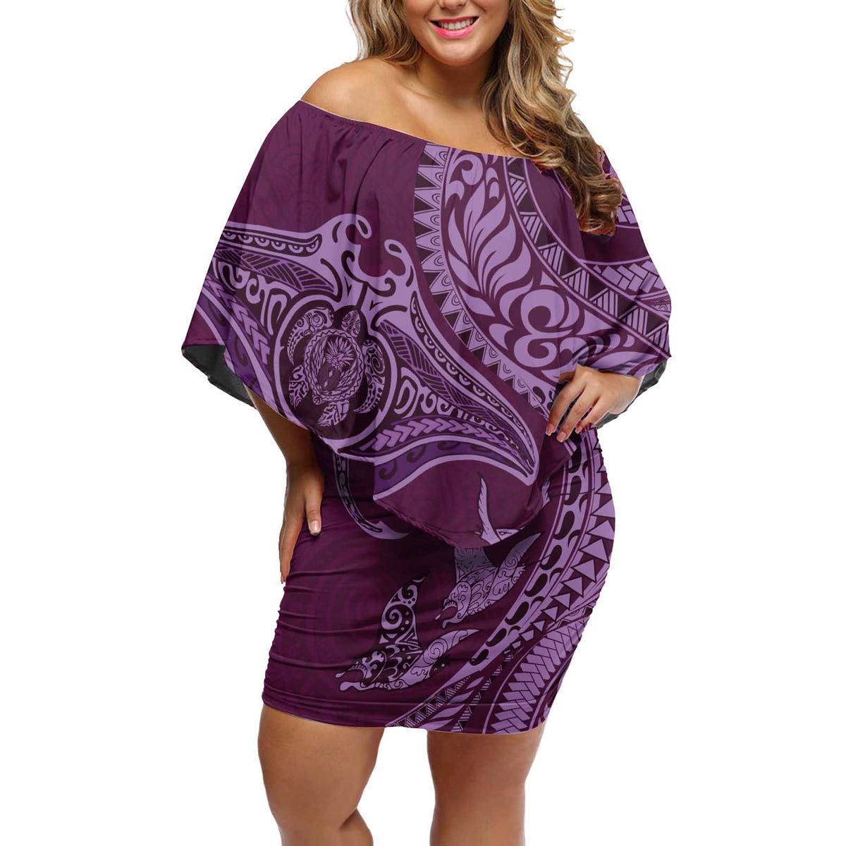 Hawaiian Manta Ray and Polynesian Tribal Tattoo Off Shoulder Short Dress Pink Color LT03 Women Pink - Polynesian Pride