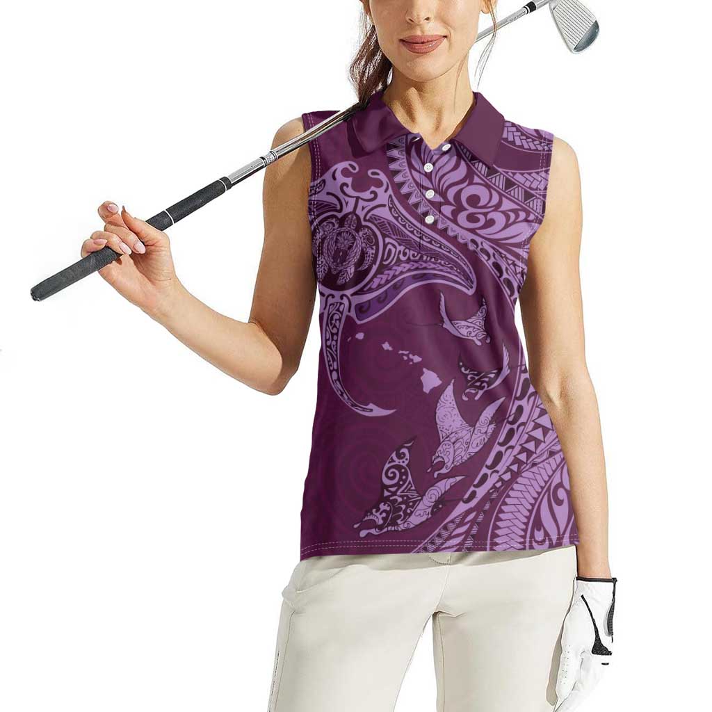 Hawaiian Manta Ray and Polynesian Tribal Tattoo Women Sleeveless Polo Shirt Pink Color LT03