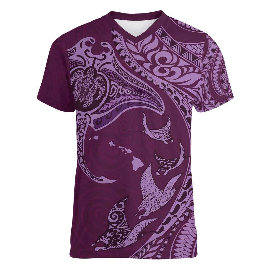 Hawaiian Manta Ray and Polynesian Tribal Tattoo Women V-Neck T-Shirt Pink Color LT03