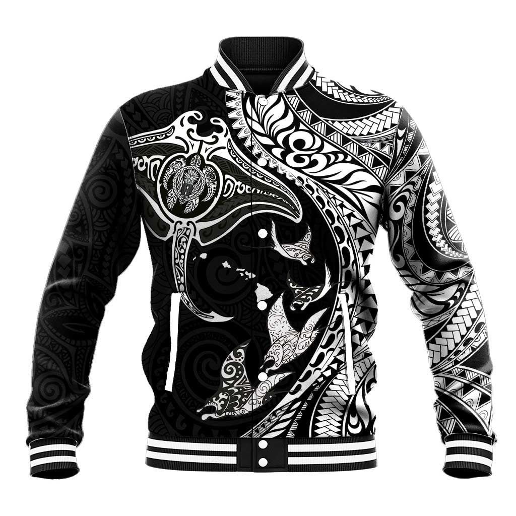 Hawaiian Manta Ray and Polynesian Tribal Tattoo Baseball Jacket Black Color LT03 Unisex Black - Polynesian Pride