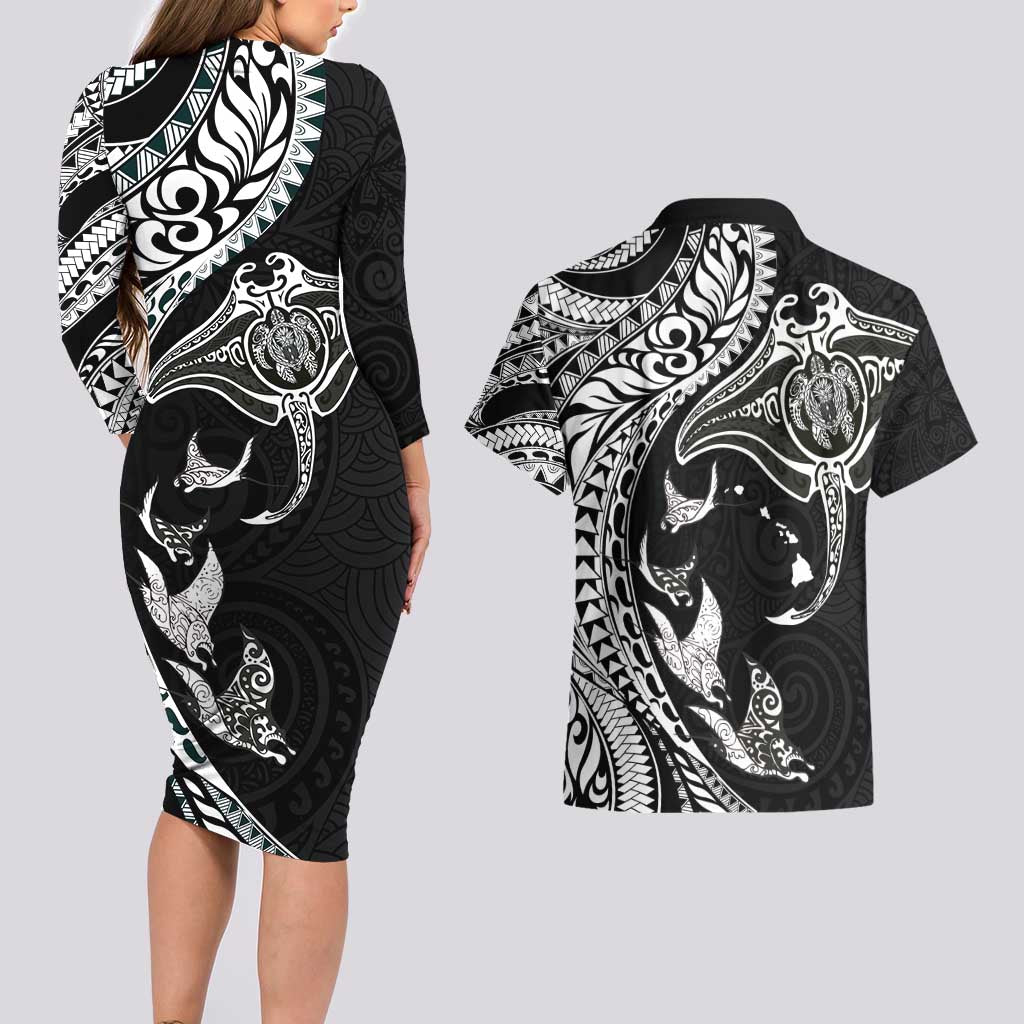 Hawaiian Manta Ray and Polynesian Tribal Tattoo Couples Matching Long Sleeve Bodycon Dress and Hawaiian Shirt Black Color LT03
