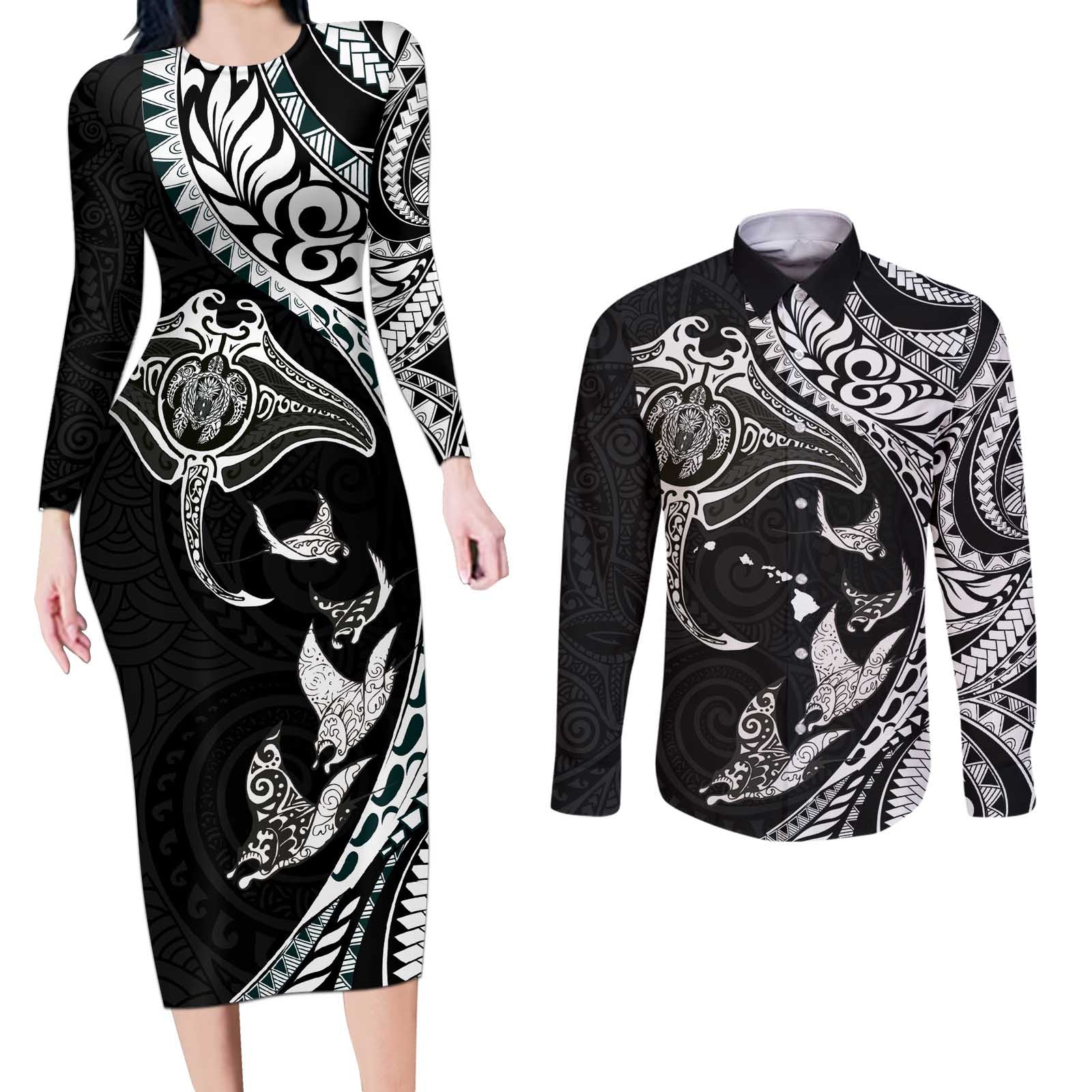 Hawaiian Manta Ray and Polynesian Tribal Tattoo Couples Matching Long Sleeve Bodycon Dress and Long Sleeve Button Shirt Black Color LT03
