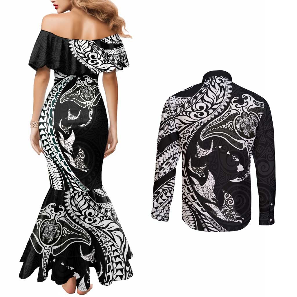 Hawaiian Manta Ray and Polynesian Tribal Tattoo Couples Matching Mermaid Dress and Long Sleeve Button Shirt Black Color LT03