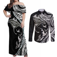 Hawaiian Manta Ray and Polynesian Tribal Tattoo Couples Matching Off Shoulder Maxi Dress and Long Sleeve Button Shirt Black Color LT03