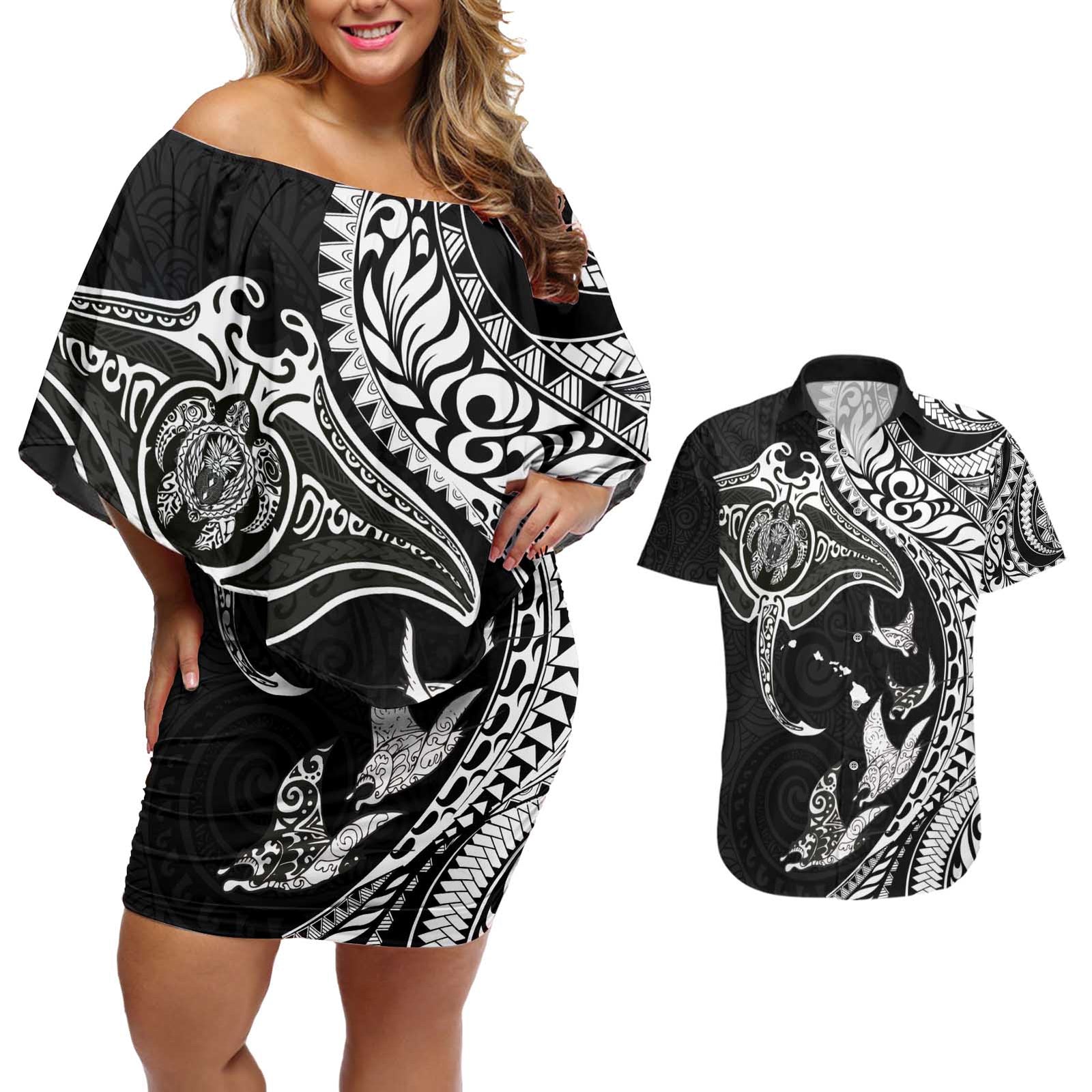 Hawaiian Manta Ray and Polynesian Tribal Tattoo Couples Matching Off Shoulder Short Dress and Hawaiian Shirt Black Color LT03