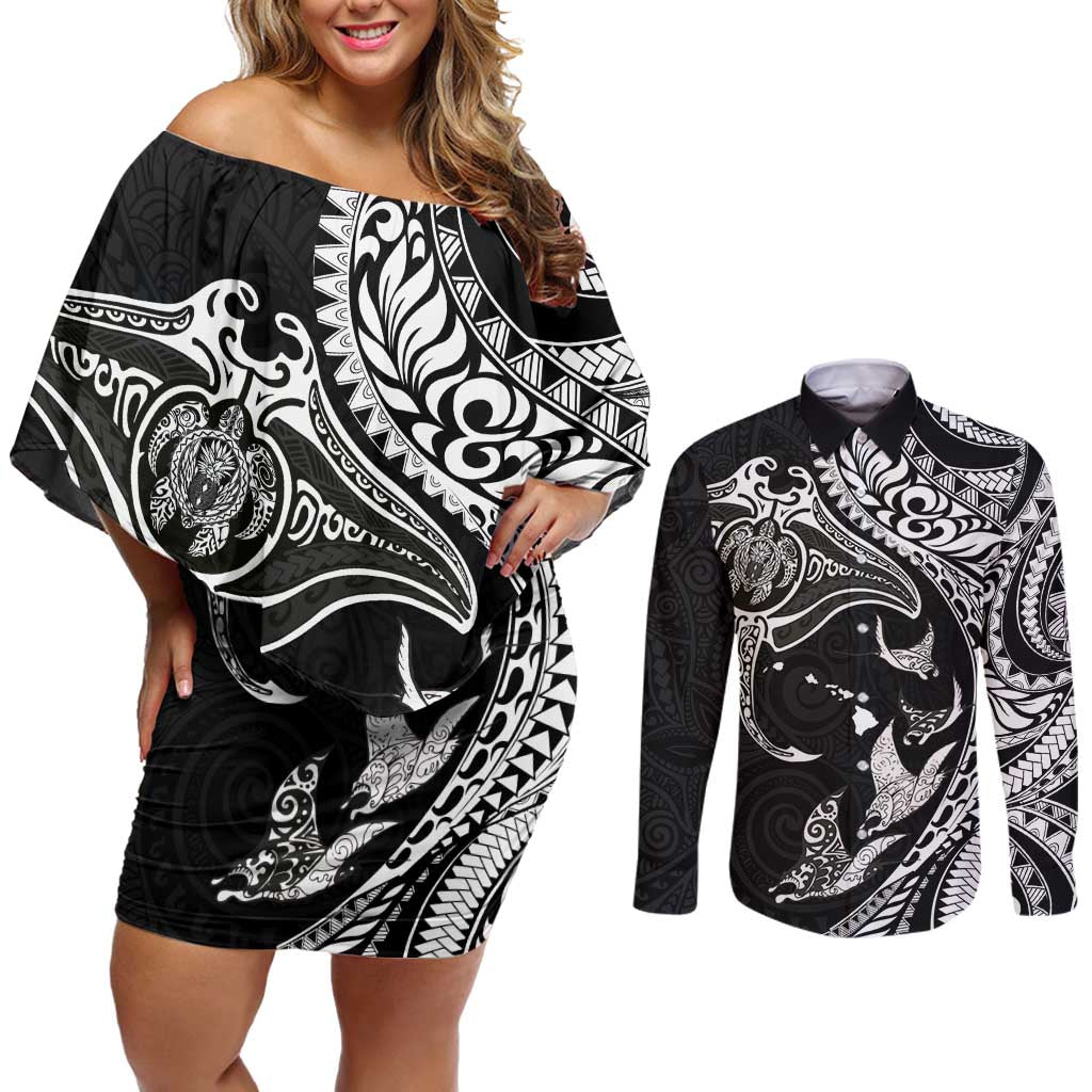 Hawaiian Manta Ray and Polynesian Tribal Tattoo Couples Matching Off Shoulder Short Dress and Long Sleeve Button Shirt Black Color LT03