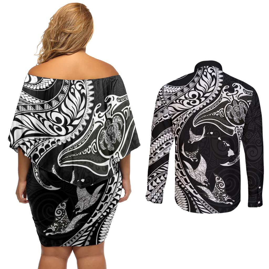 Hawaiian Manta Ray and Polynesian Tribal Tattoo Couples Matching Off Shoulder Short Dress and Long Sleeve Button Shirt Black Color LT03