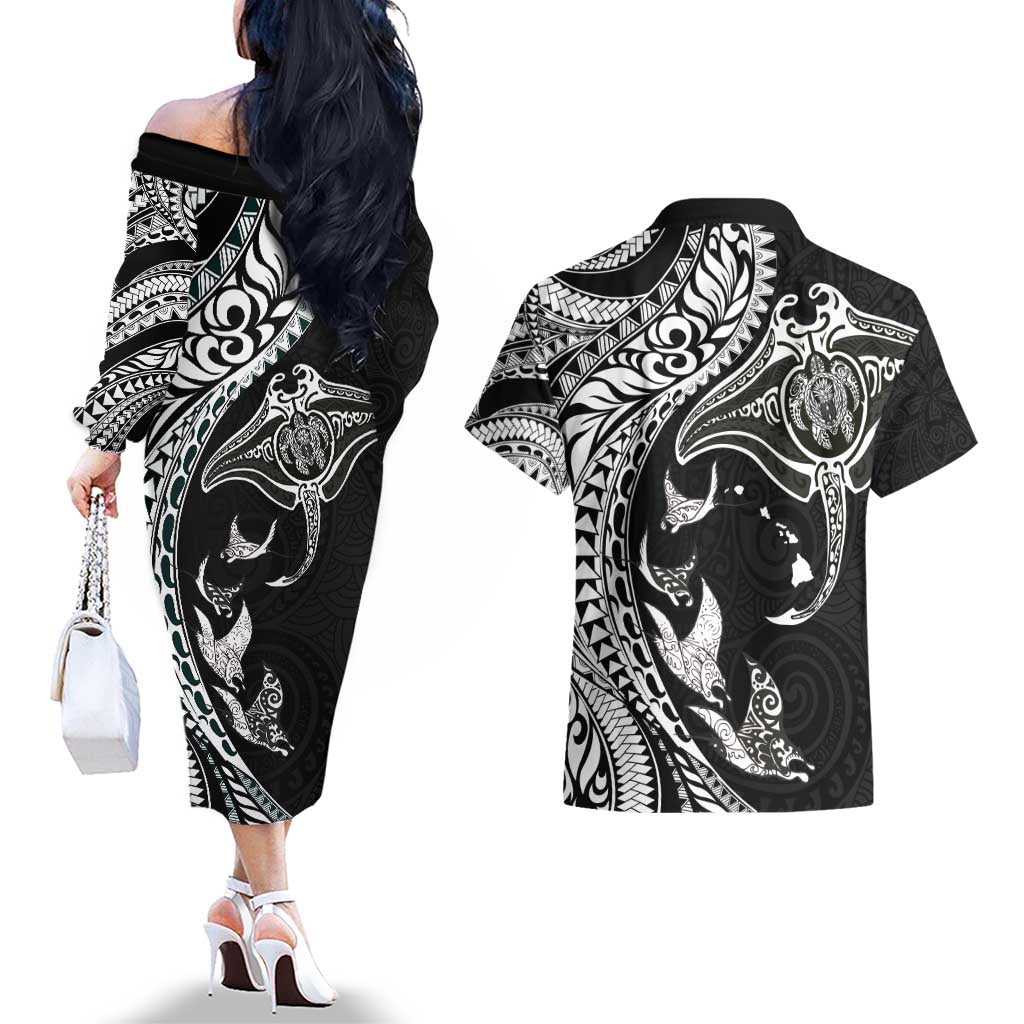 Hawaiian Manta Ray and Polynesian Tribal Tattoo Couples Matching Off The Shoulder Long Sleeve Dress and Hawaiian Shirt Black Color LT03