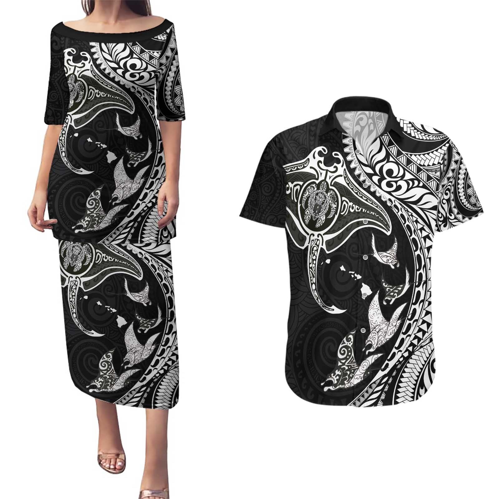 Hawaiian Manta Ray and Polynesian Tribal Tattoo Couples Matching Puletasi and Hawaiian Shirt Black Color LT03