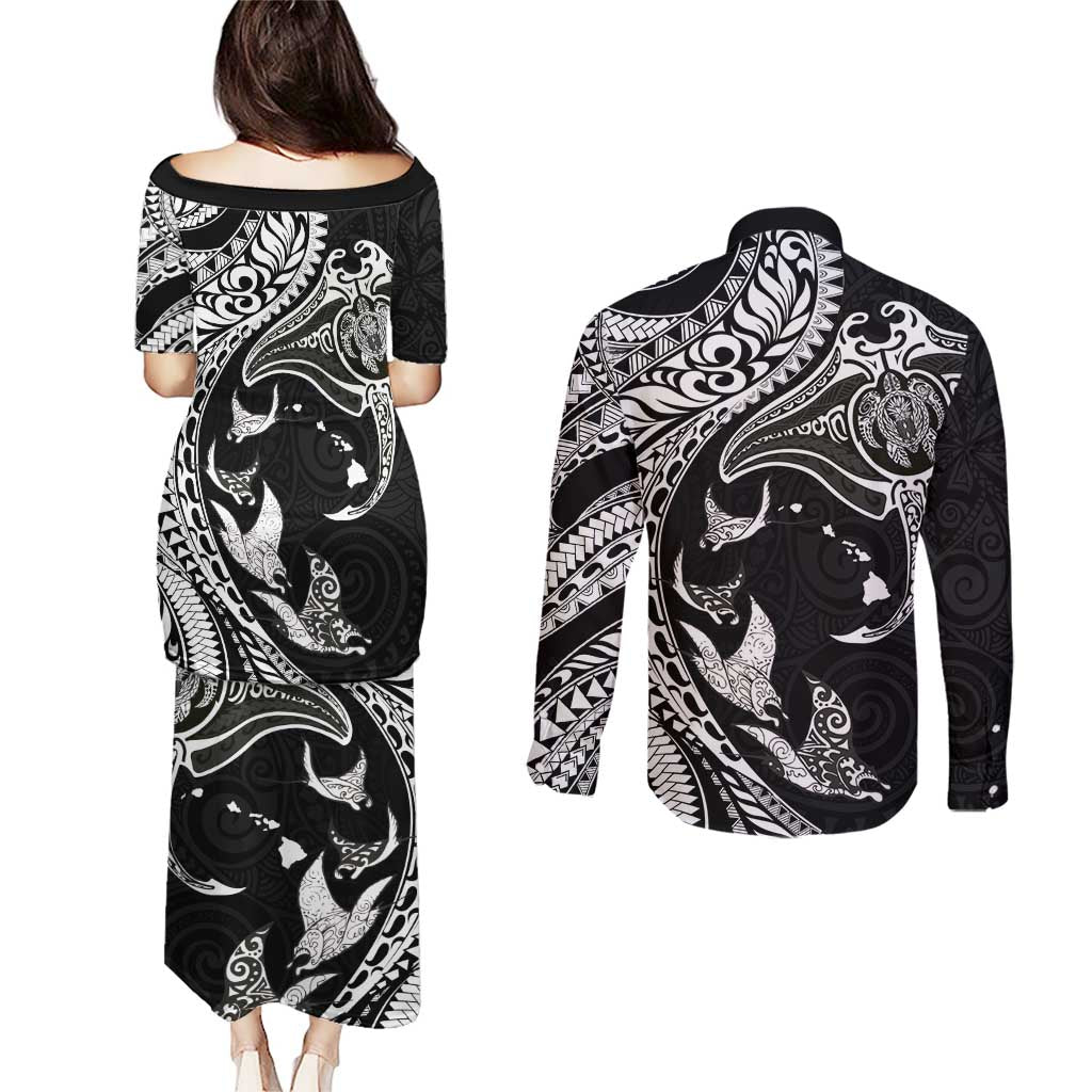 Hawaiian Manta Ray and Polynesian Tribal Tattoo Couples Matching Puletasi and Long Sleeve Button Shirt Black Color LT03
