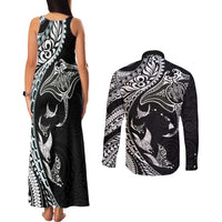 Hawaiian Manta Ray and Polynesian Tribal Tattoo Couples Matching Tank Maxi Dress and Long Sleeve Button Shirt Black Color LT03