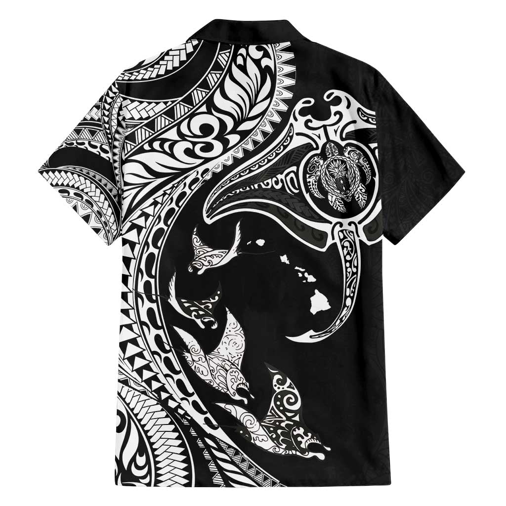 Hawaiian Manta Ray and Polynesian Tribal Tattoo Family Matching Long Sleeve Bodycon Dress and Hawaiian Shirt Black Color LT03