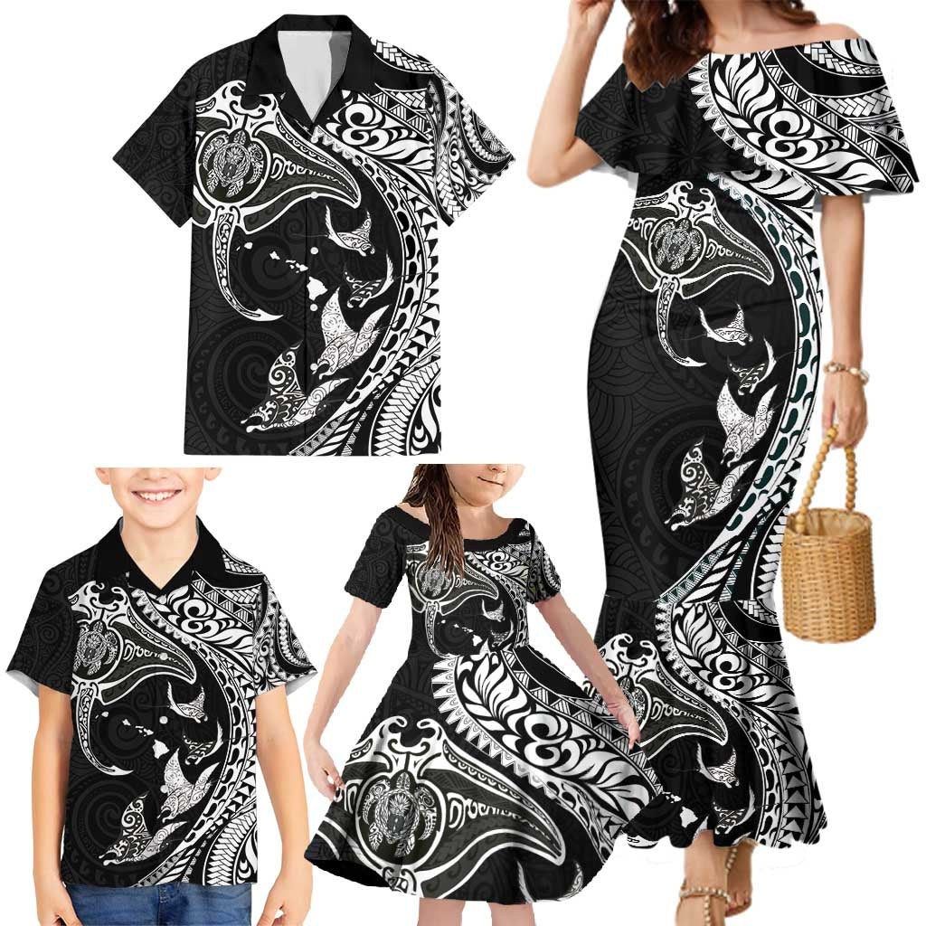 Hawaiian Manta Ray and Polynesian Tribal Tattoo Family Matching Mermaid Dress and Hawaiian Shirt Black Color LT03
