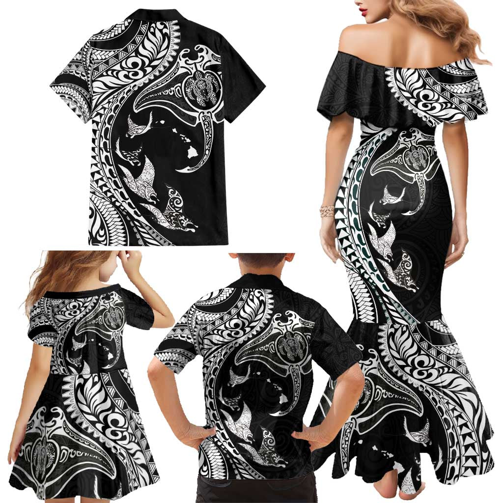 Hawaiian Manta Ray and Polynesian Tribal Tattoo Family Matching Mermaid Dress and Hawaiian Shirt Black Color LT03