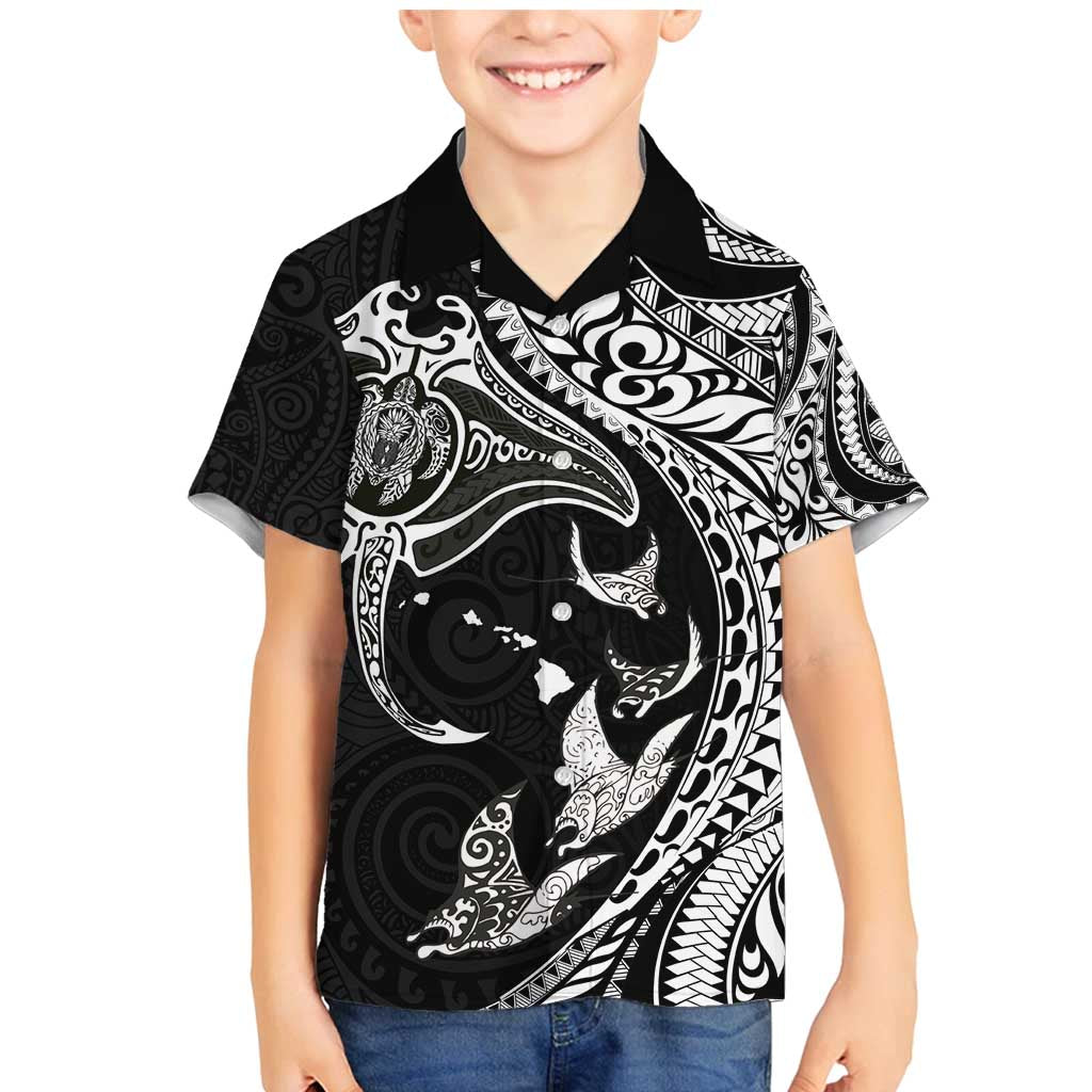 Hawaiian Manta Ray and Polynesian Tribal Tattoo Family Matching Mermaid Dress and Hawaiian Shirt Black Color LT03