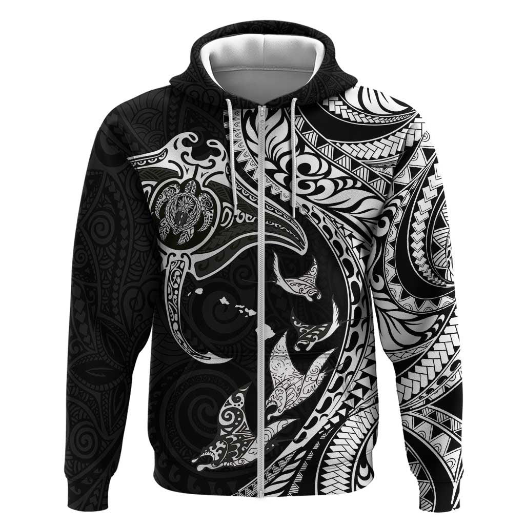 Hawaiian Manta Ray and Polynesian Tribal Tattoo Hoodie Black Color LT03