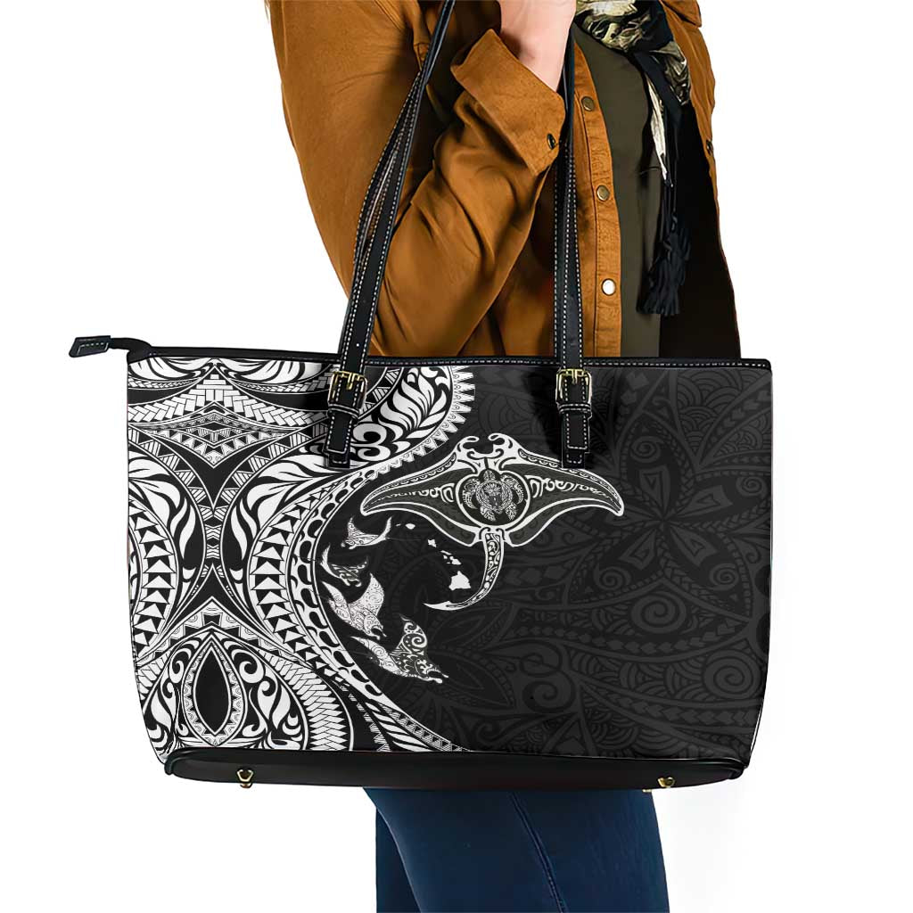 Hawaiian Manta Ray and Polynesian Tribal Tattoo Leather Tote Bag Black Color LT03