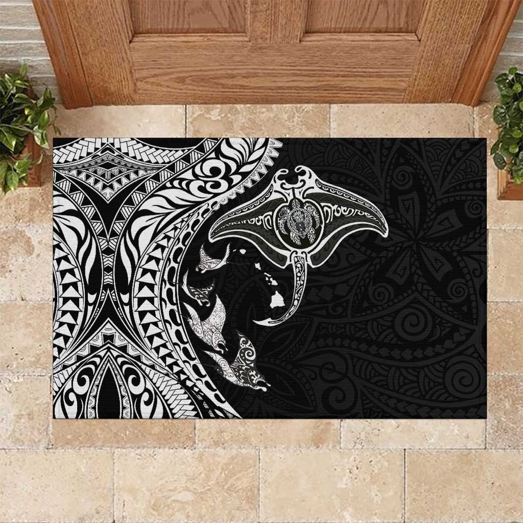 Hawaiian Manta Ray and Polynesian Tribal Tattoo Rubber Doormat Black Color LT03