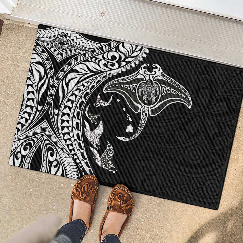 Hawaiian Manta Ray and Polynesian Tribal Tattoo Rubber Doormat Black Color LT03