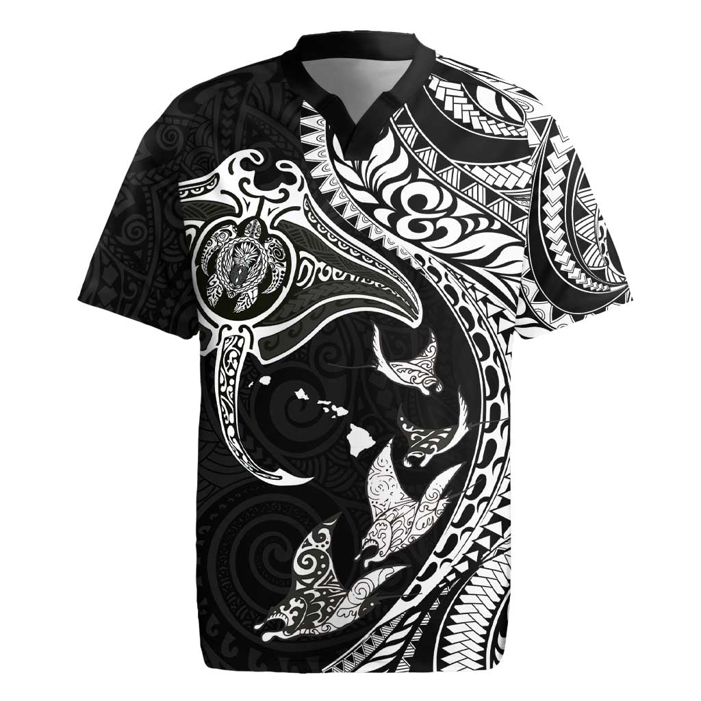 Hawaiian Manta Ray and Polynesian Tribal Tattoo Rugby Jersey Black Color LT03