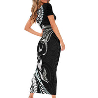 Hawaiian Manta Ray and Polynesian Tribal Tattoo Short Sleeve Bodycon Dress Black Color LT03